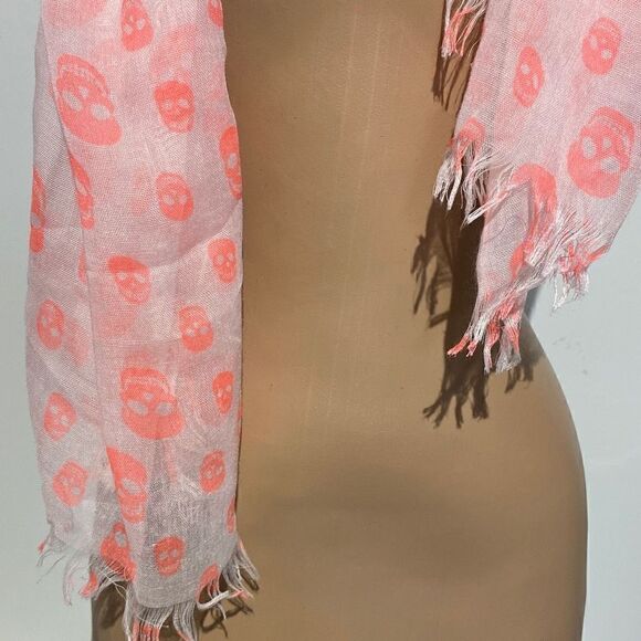 Unisex Orange Skull Print Sheer Lightweight Fringe Trim Off White Scarf 28X72 - Picture 2 of 4